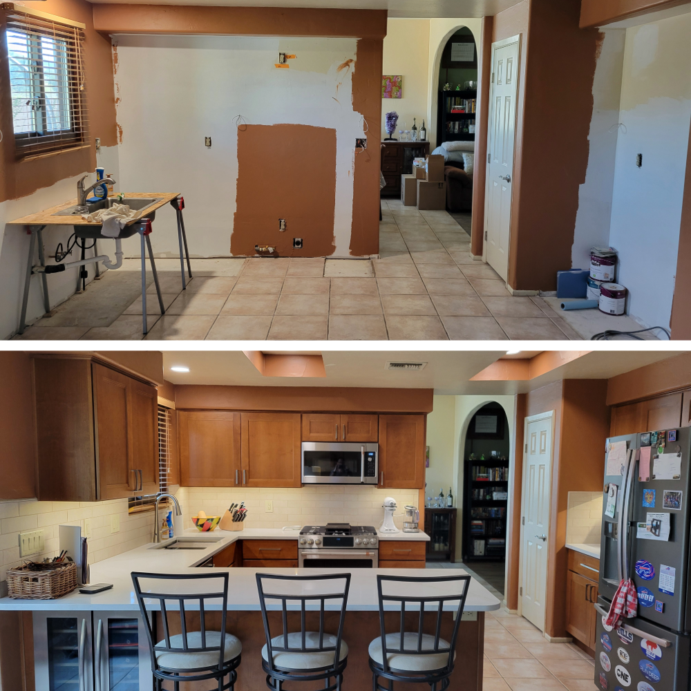 Before and After images of the kitchen. The Before shot has a temp sink on sawhorses, no cabinets, no applicances. The After image shows a fully functional kitchen.
