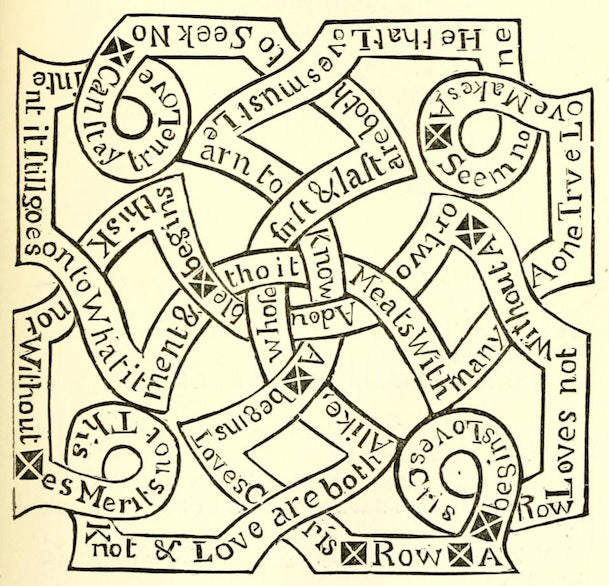 Public Domain Image of a woodcut that has numerous words written on a banner that loops and agles and intersect in a Celtic knot fashion. Form "Woodcuts of the 18th Centruy" published in 1882.