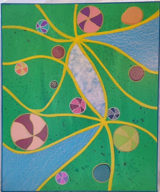 The background color is a green blend with purple and blue speckles. Yellow lineart arcs and crosses all over the canvas. Two of the wedges the intersecting lines create are sky blue with silver squiggly lines while the central shape is covered in a silver and blue stormy sky foil. Multicolored balls in pinks and purples and blues and yellows travel along the lines.