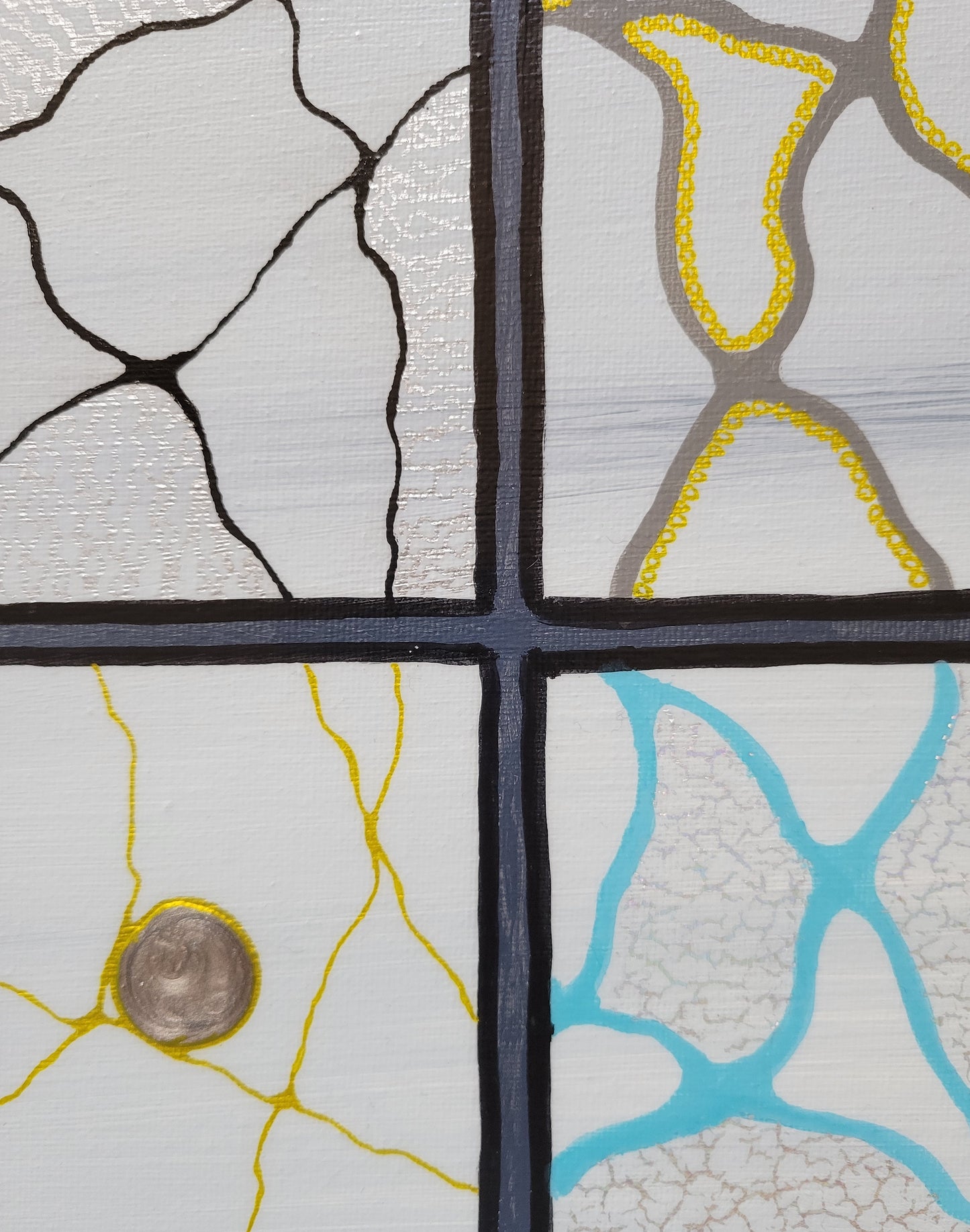 Closeup of four of the panels. One features black lineart with silver wavy lines. The second features gray lineart with gold dots outlining some areas. The third shows gold lineart with silver alkyd oil. The fourth has light blue lineart with silver crackle foil.