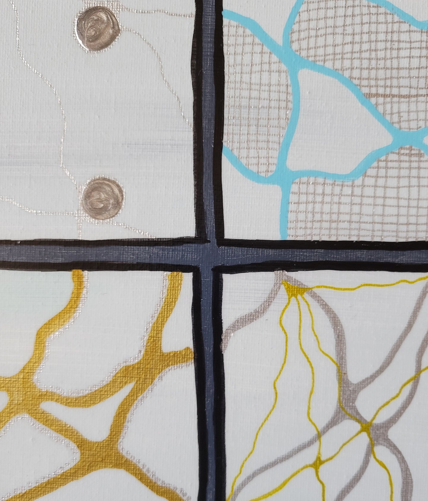 Closeup of four of the panels. One features silver lineart with silver alkyd oil drops. The second features light blue lineart with silver gridlines in the areas created by the lineart. The third shows gold lineart with silver dots lining some of the areas. The fourth has both thick silver and thin gold lineart.
