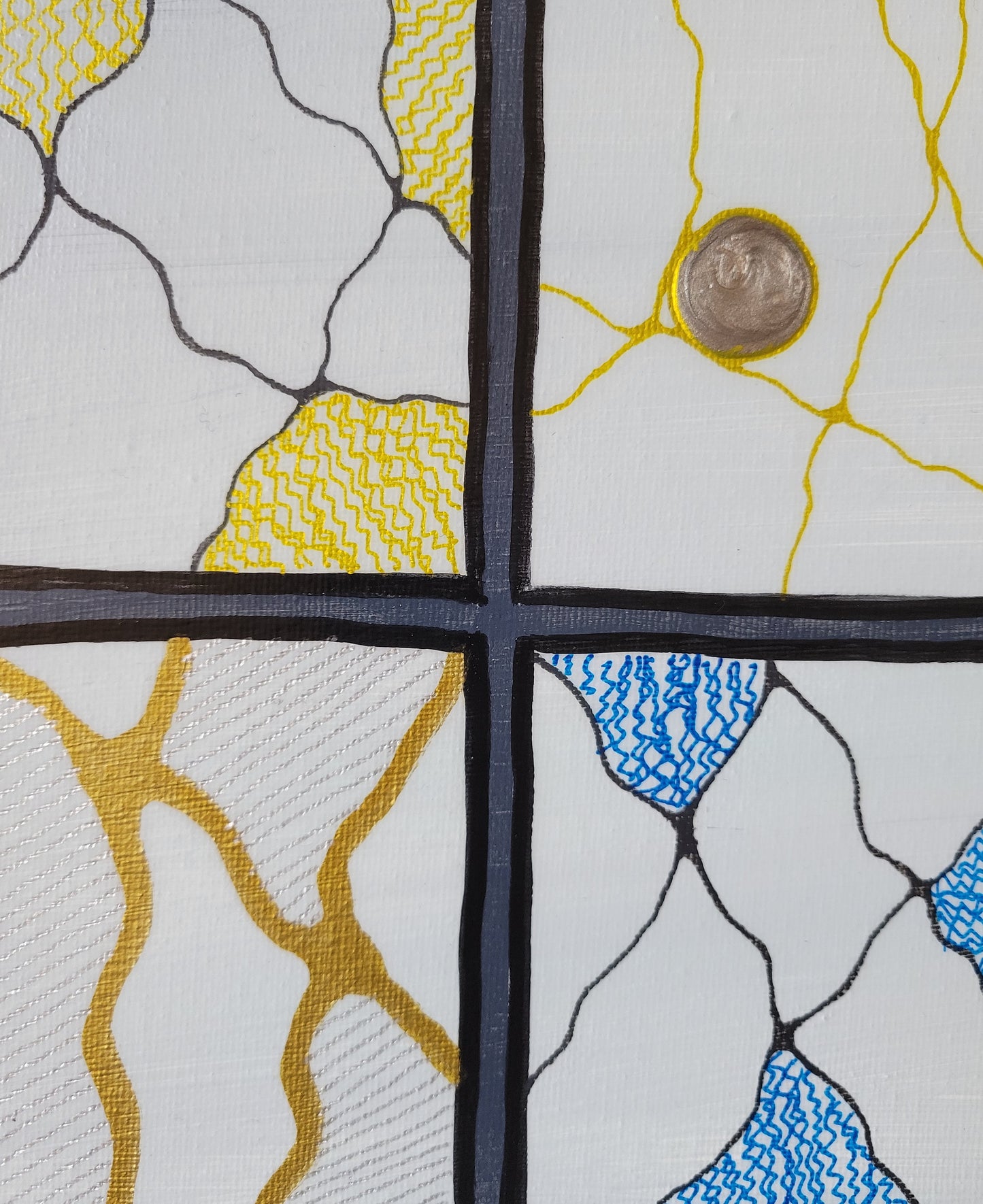 Closeup of four of the panels. One features black lineart with gold wavy lines. The second features gold lineart with silver alkyd oil outlined in gold. The third shows gold lineart with silver horizontal lines in some areas. The fourth has black lineart with blue wavy lines.