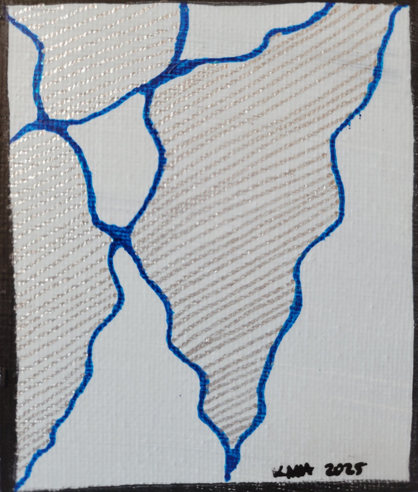 Close-up of the lower rightmost panel that features dark blue lineart with silver horizontal lines and the artist's initials and year completed "KMH 2025".