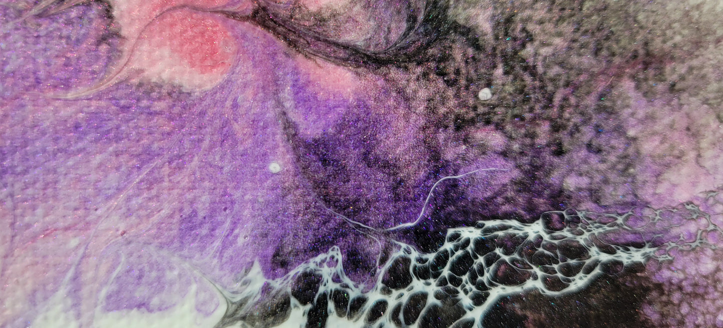 Close-up detail of one of the Carina Nebula II canvases showing a large stretch of purple and pink with black sparkling filaments intruding and a pool of purple and black with gray lacing.
