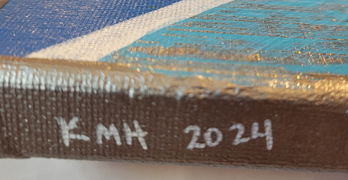 Close-up detail of the canvas edge painted silver with the artist's initials "KMH" and year completed "2024" written in white. At an angle, the sky blue with silver water-surface foil can be seen.