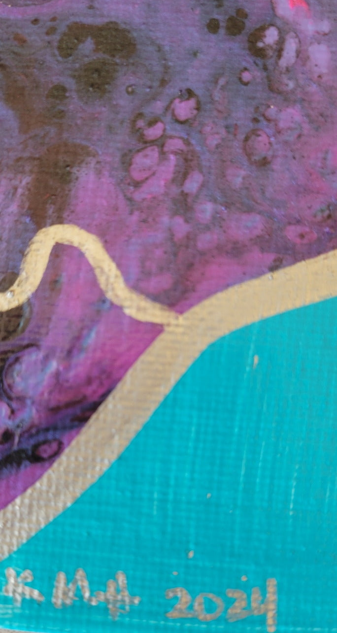 Corner detail of the panel featuring the artist's initials "KMH" and year completed "2024" in silver against the turquoise background. An edge of the acrylic pour can be seen, outlined in silver, with pink bubbles outlines in black.