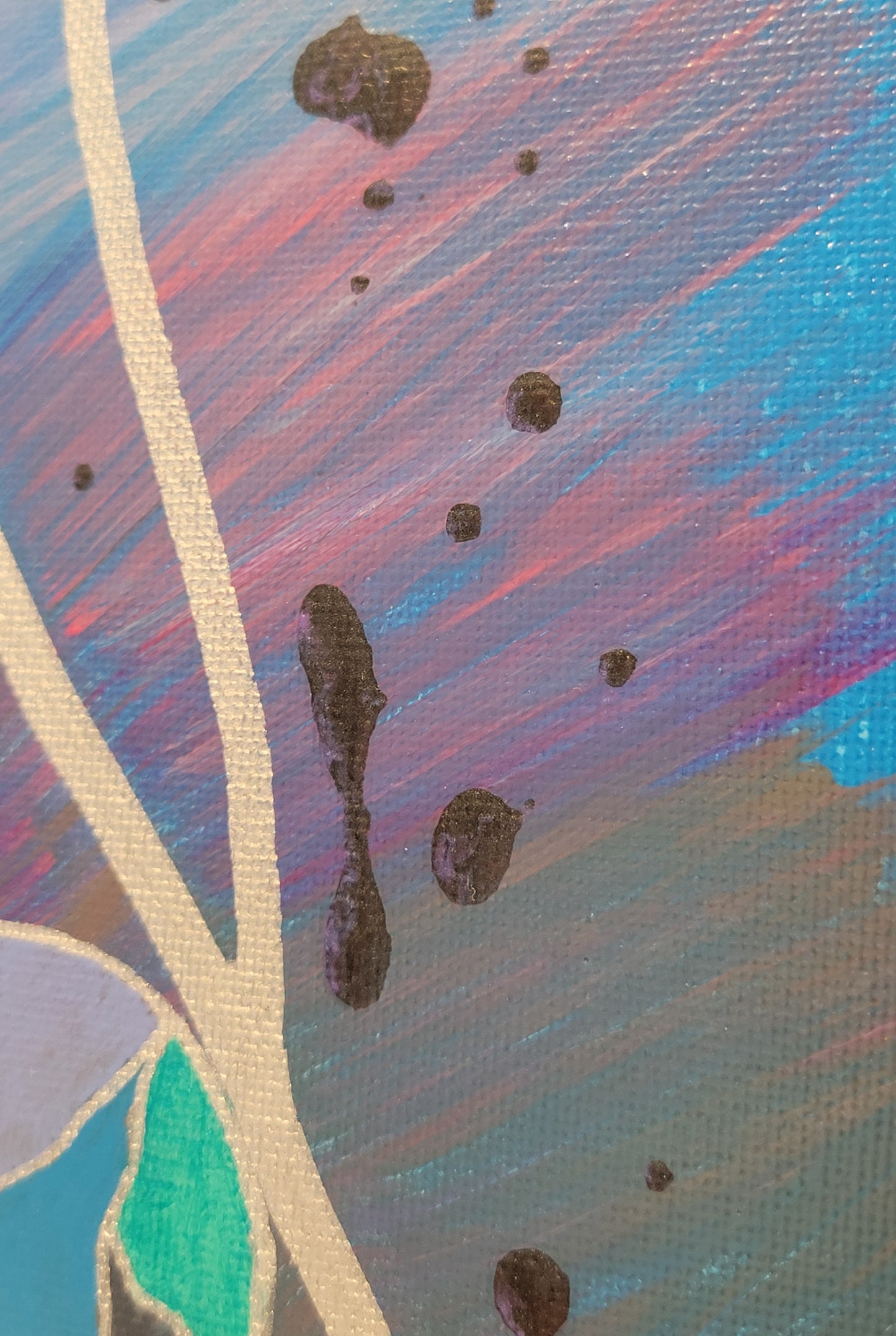 Close-up detail of the diagonal branch and gray, pink, and purple swipes. Part of a multi-colored ball in green, blue, lavender, and dark gray can be seen. The dried acrylic drips are highlighted.