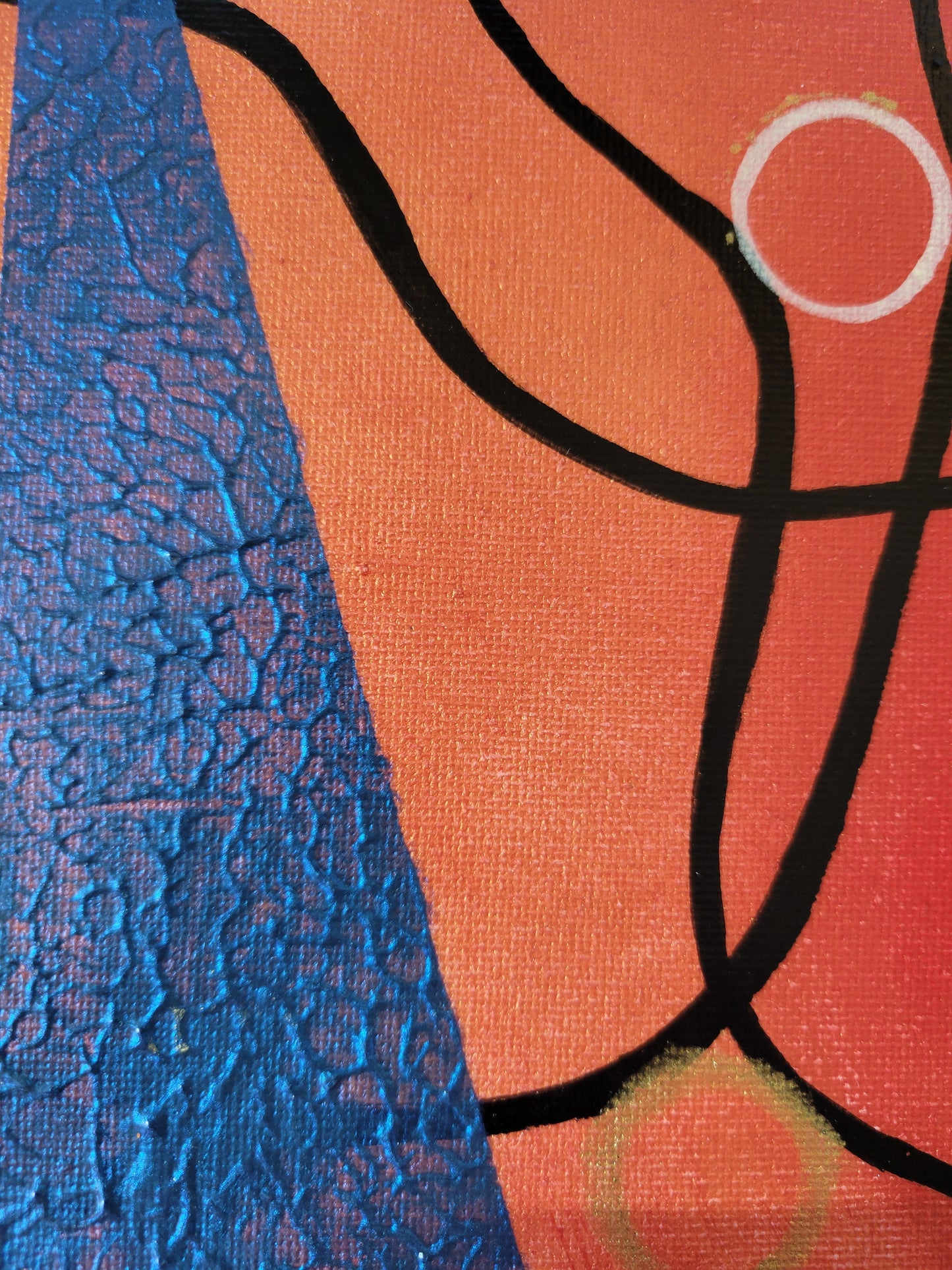 Closeup detail of the 8x10 canvas showing the golden orange-red background with the stark black lines. An ivory and a gold circle float among the lines of smoke. The blue-black wedge of shiny crackling flame overlays the golden orange background.