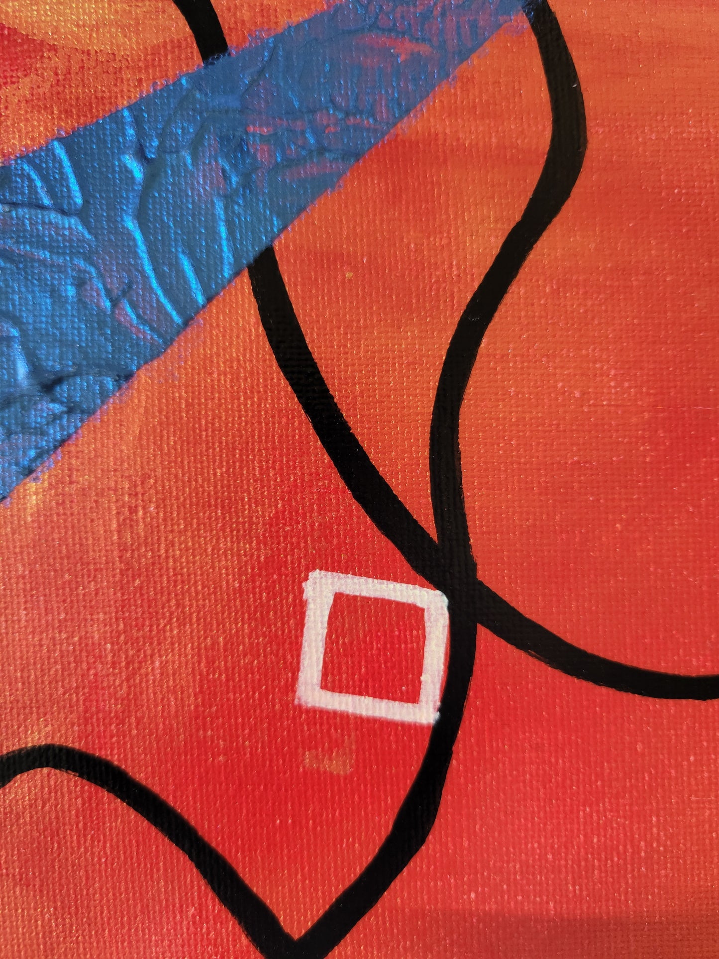Closeup detail of the 8x10 canvas showing the golden orange-red background with the stark black lines. An ivory circle floats among the lines of smoke. A narrow blue-black wedge of shiny rippling flame overlays the golden orange background.
