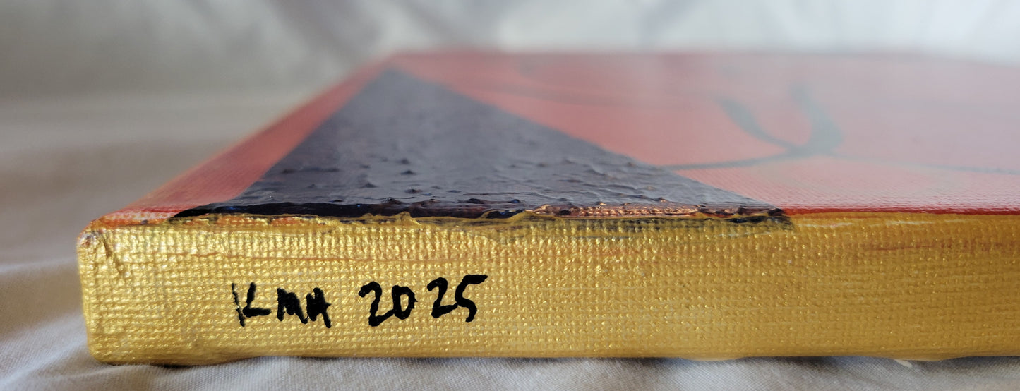 Side view of the golden edge of the canvas with "KMH 2025" written in black. The composition is seen out of focus, stretching down the canvas.