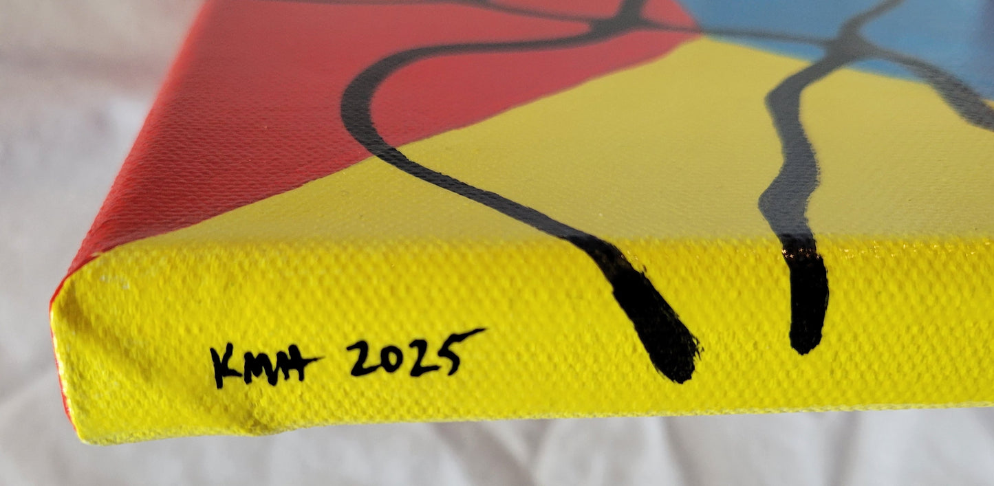 Angled view of the yellow edge of the canvas showing the artist's initials and year of completion "KMH 2025" in black next to two black lines swooping down over the edge from the front of the canvas