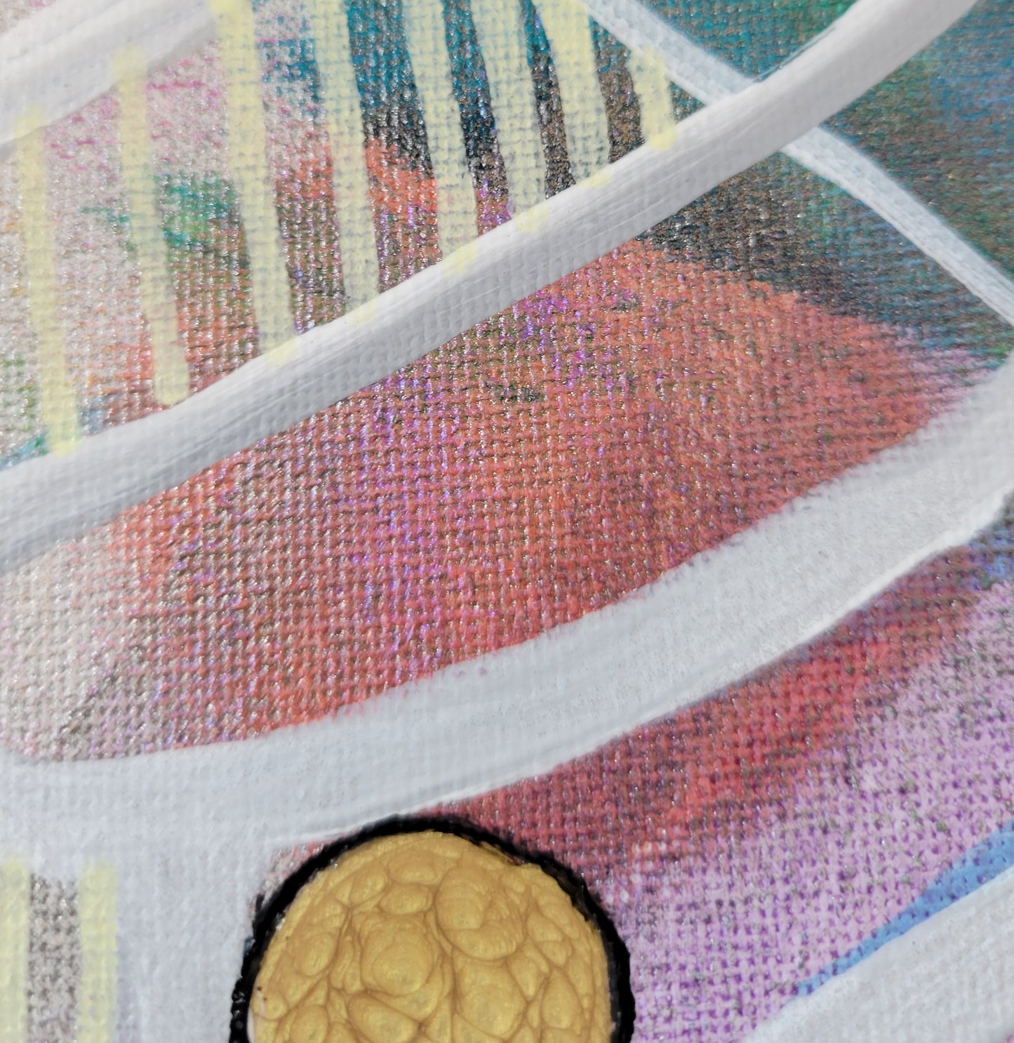 A close-up detail outlining an orange dot in the background coloring of the canvas. The blending of the gray and white in the over-arcing lines is apparent. A yellow drop of alkyd oil is outlined in black.
