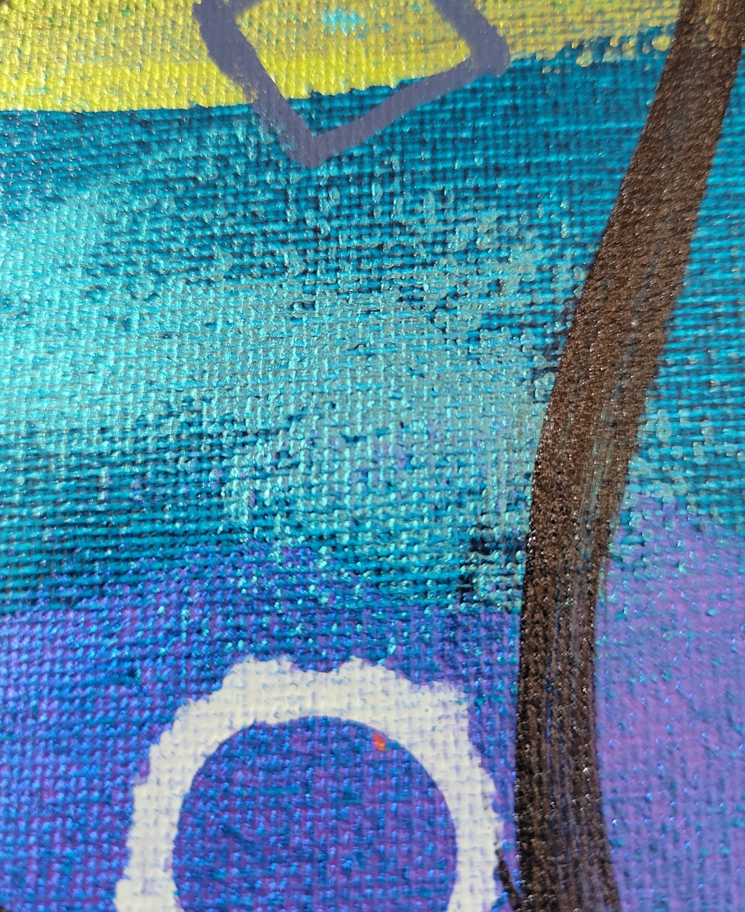 Close-up of the gradient between the green, teal, blue, and purple. In the black line included, brush work texturing is visible. The cream circle outline looks like the sun's corona in an eclipse.