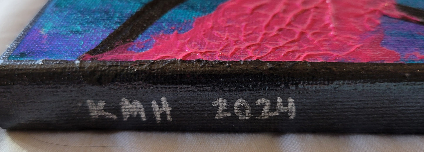 The black painted edge of the canvas features "KMH 2024" written in silver, showing another angle of the pink textured gel and its irregular ridges.