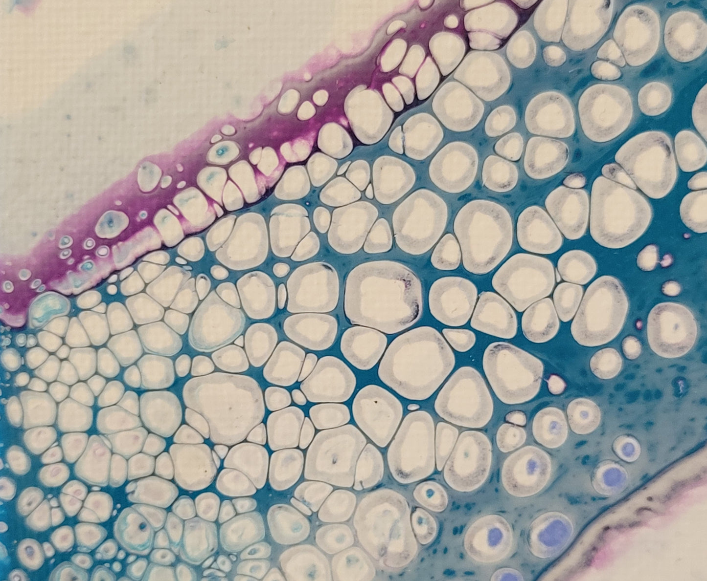 Close-up detail of the white bubbles intruding through the teal and violet, creating interesting shadow effects.