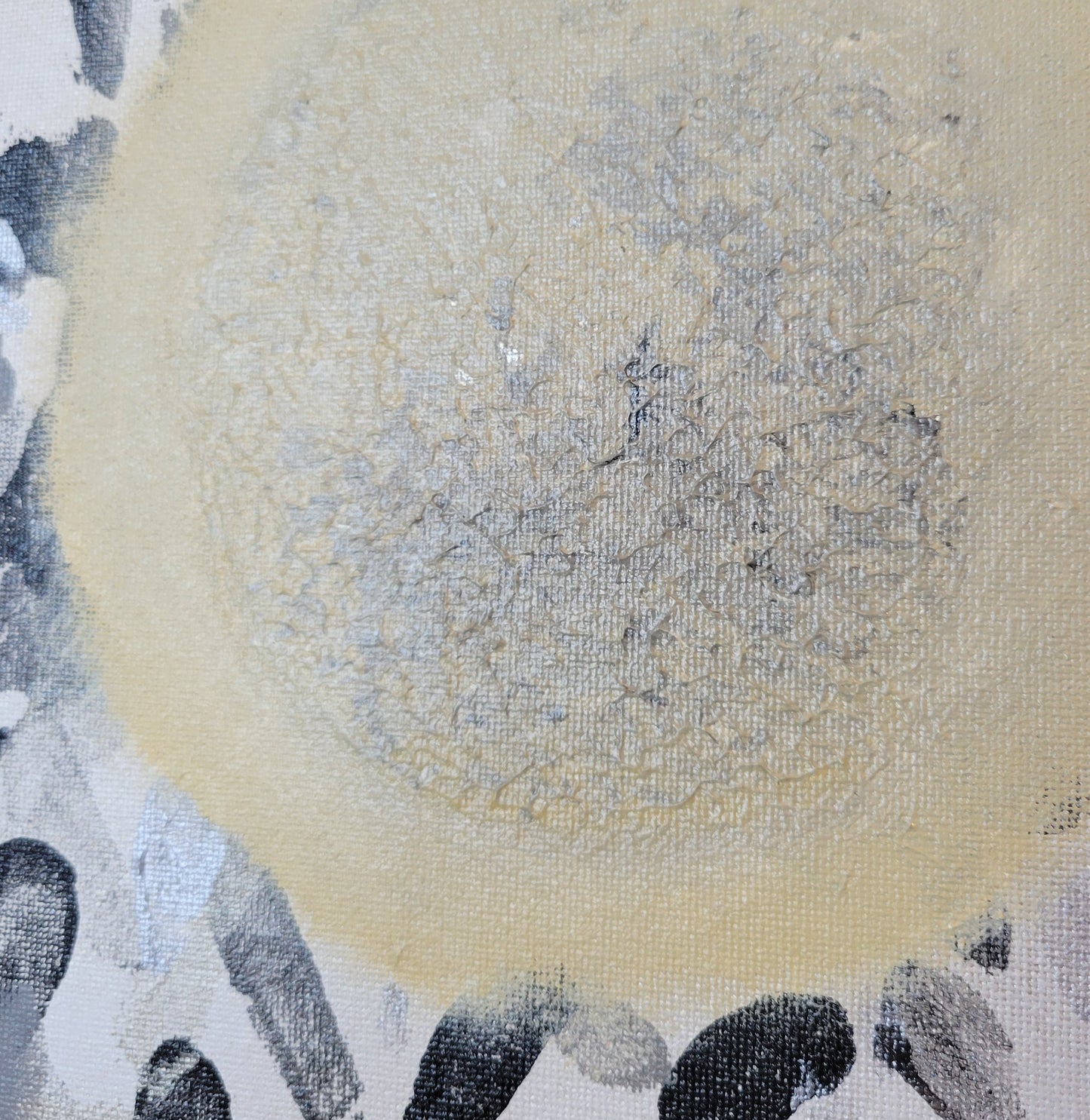 Close-up detail of the yellow full moon, showing that the gray pockmarks are actually textured paint.