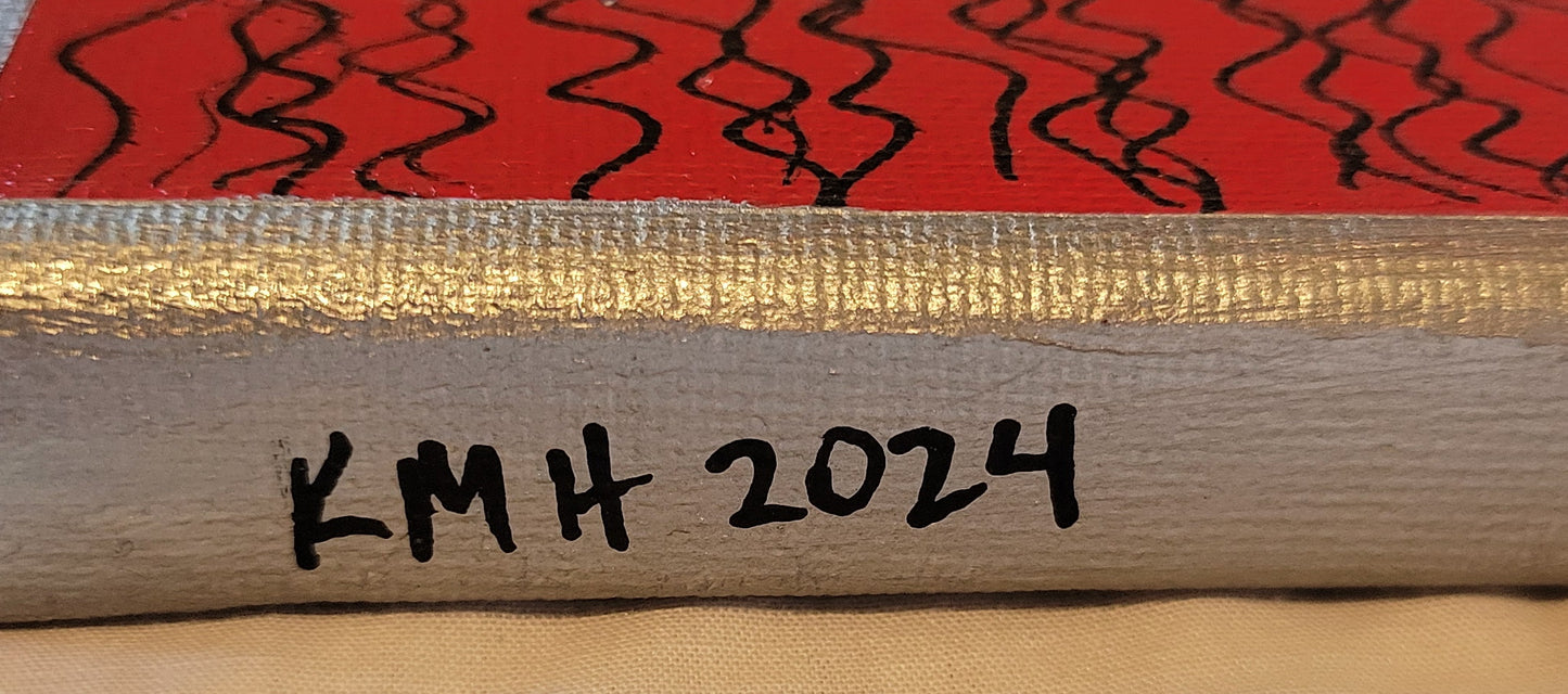 Close-up silver-painted edge of the canvas with "KMH 2024" written in black.