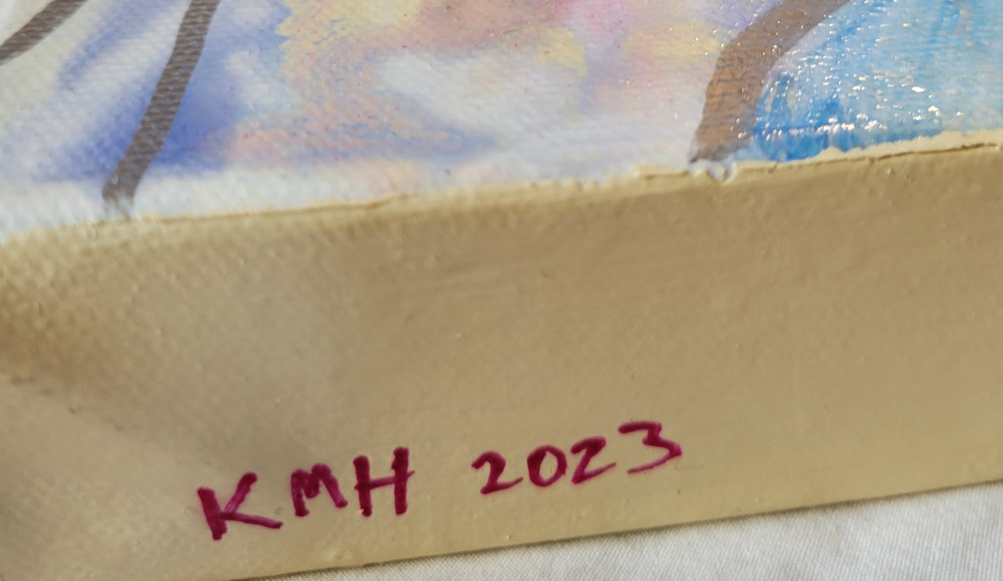 Close-up of the beige painted edge of the canvas with "KMH 2023" written in magenta.