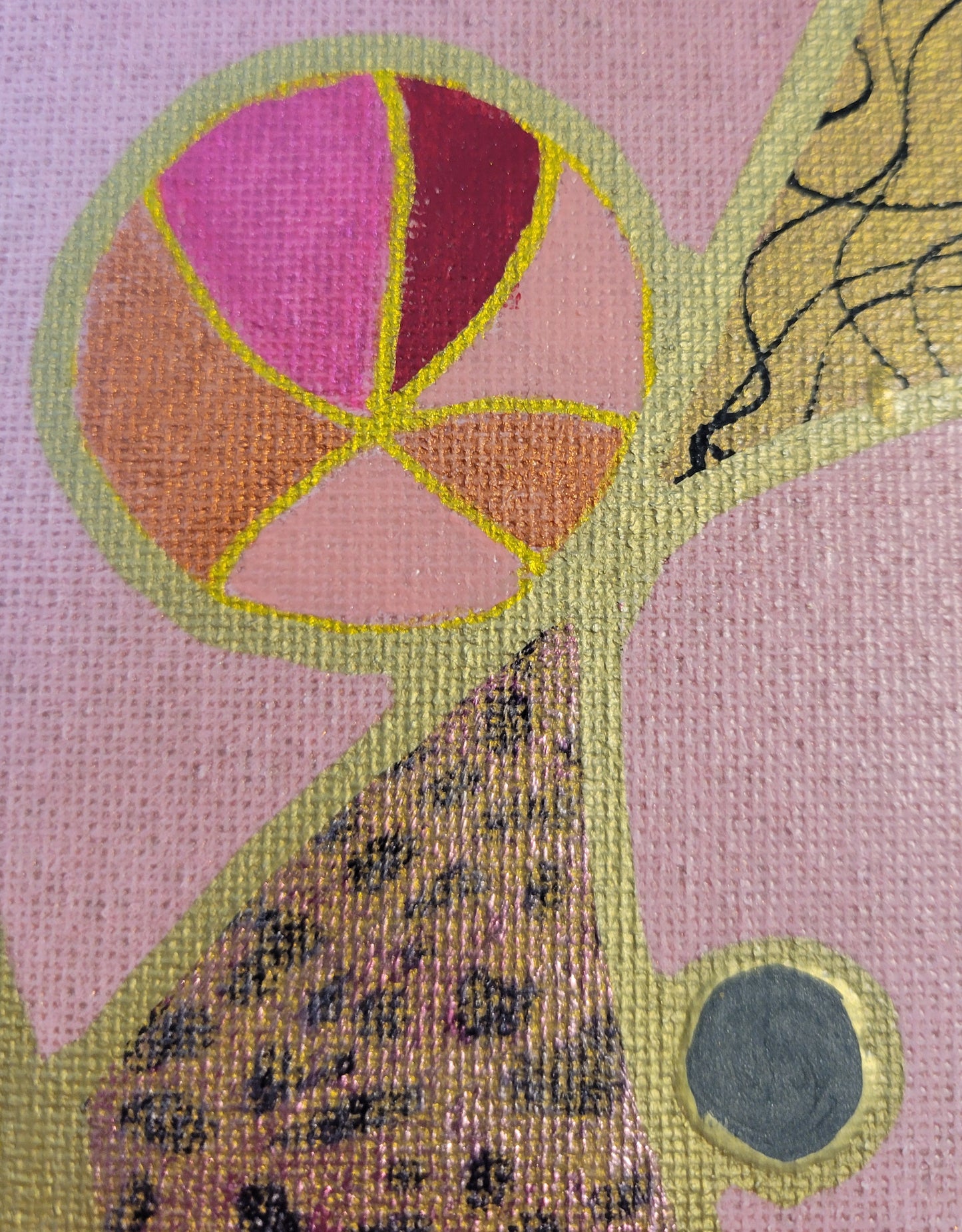 Close-up of the other canvas showing the intersection of the foil section and the squiggly line one. A full multi-colored ball in gold, copper, and pinks is nestled between the spaces. There is a dark gray alkyd oil circle outlined in old against the pink background.