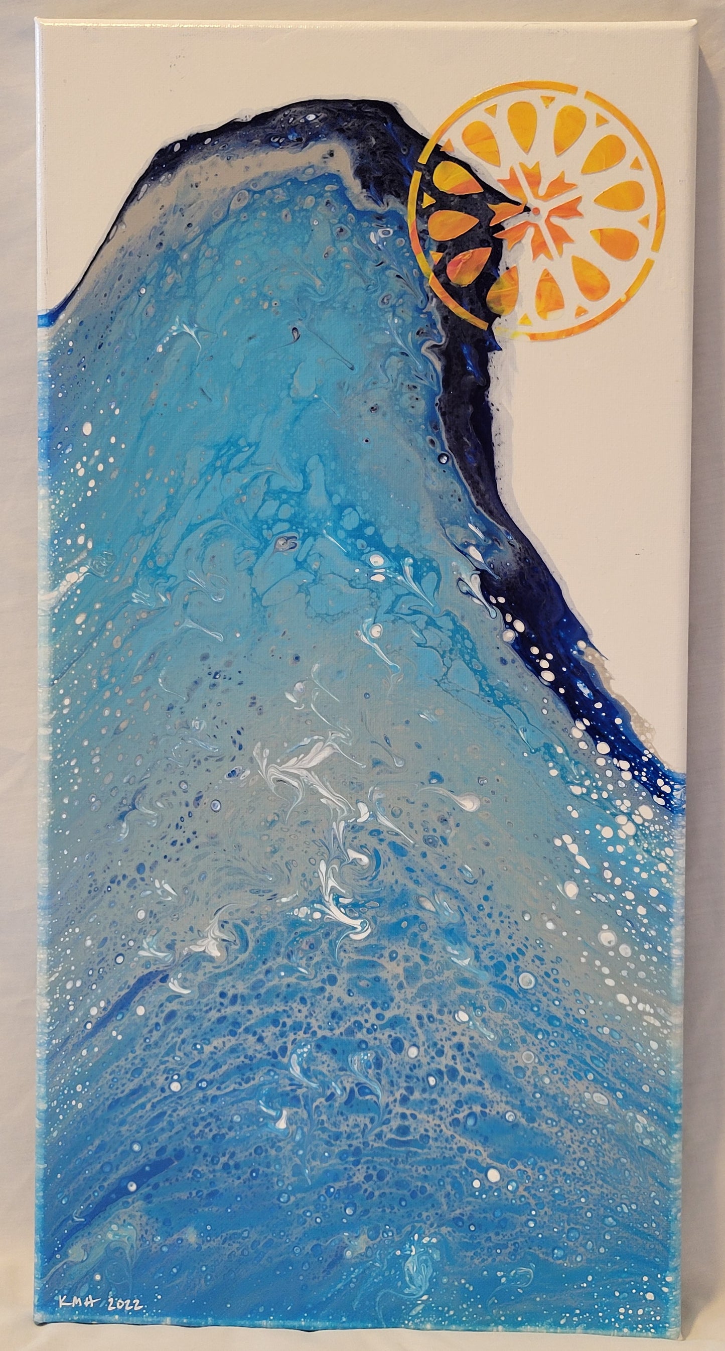 A high bending wave of blues and grays and white takes up the majority of the canvas. At the crest of the wave is orange and yellow texture in the shape of a slice of orange or abstract sun.