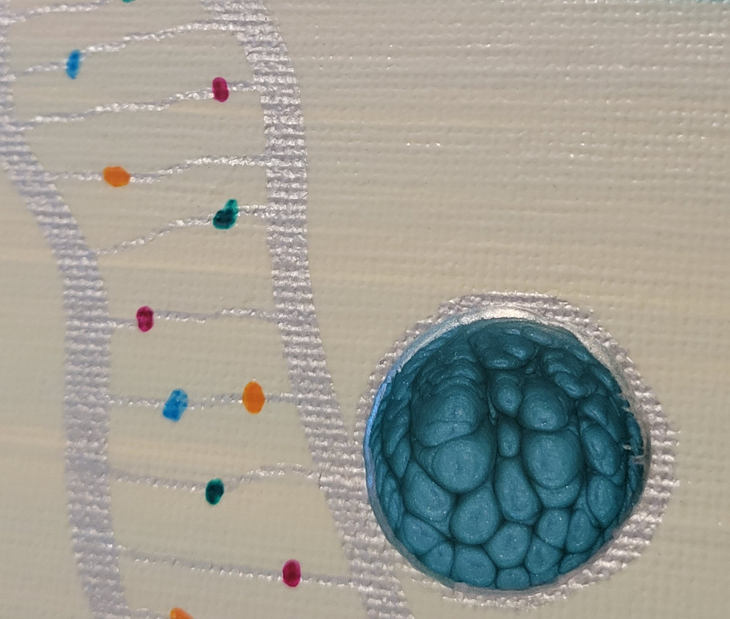 Close-up detail of an unraveled thread of DNA showing the dots like molecules connected in a silver ladder. A circle of teal alkyd oil hugs the thread.