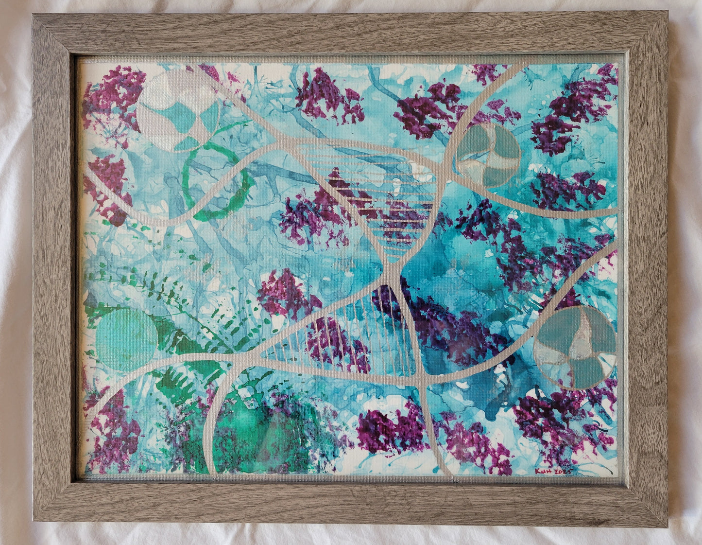 A canvas panel in a gray wood-grain frame. The composition features silver lineart that forms the shape of an hourglass. Behind the lines is a chaos of turquoise ink staining, purple splotches, and green lines and stains. Silver and turquoise spheres ride the silver lines away from the hourglass.