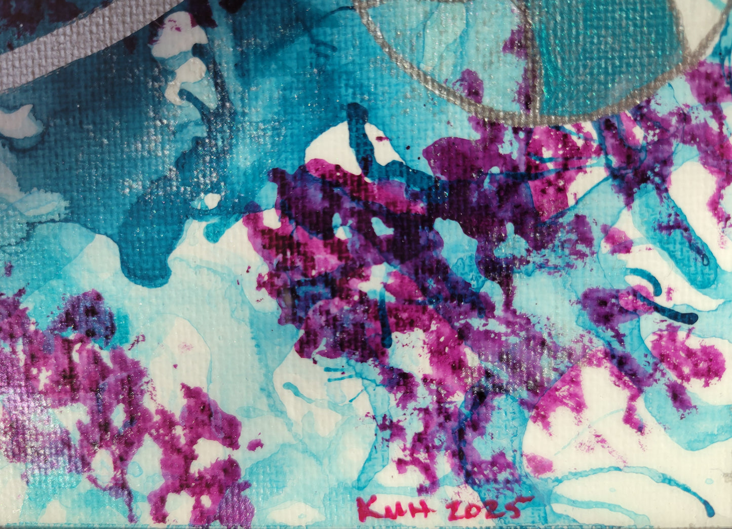 Closeup detail highlighting some blue ink spills and a splotch. In the lower right corner in bright magenta are the artist's initials and year completed "KMH 2025".