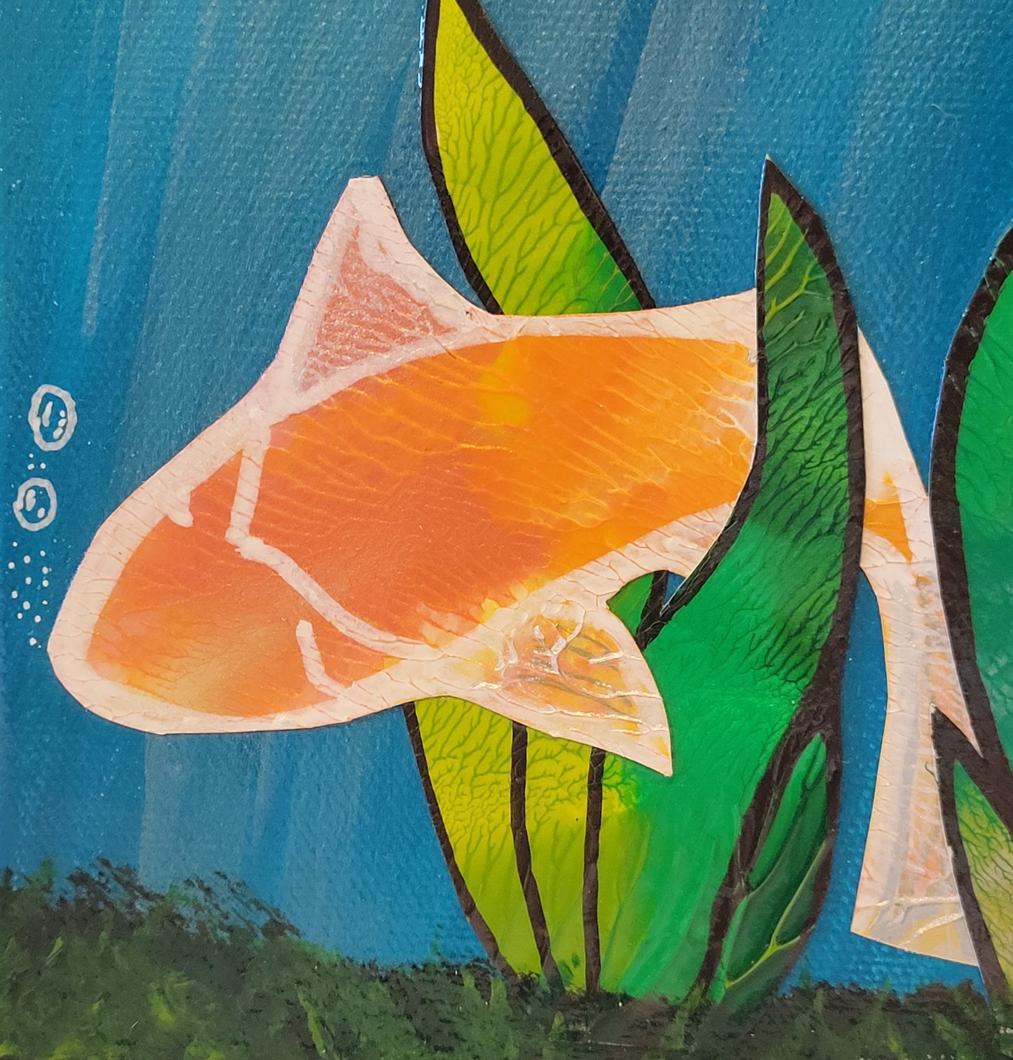 Close-up of a koi swimming through seaweed. The fish has a blend of orange, pearl, and gold that have been blended and textured to a scaly finish by smooshing. The seaweed has a blend of greens that look veiny due to the pain smooshing technique.