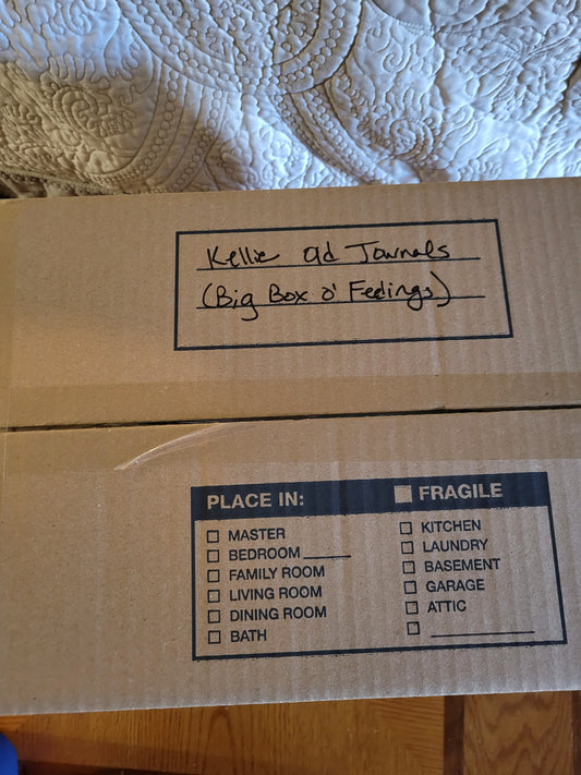 Cardboard moving box on an end table with a white quilted bedspread in the background. A hand-written note on the box reads "Kellie Old Journals (Big Box o' Feelings)"