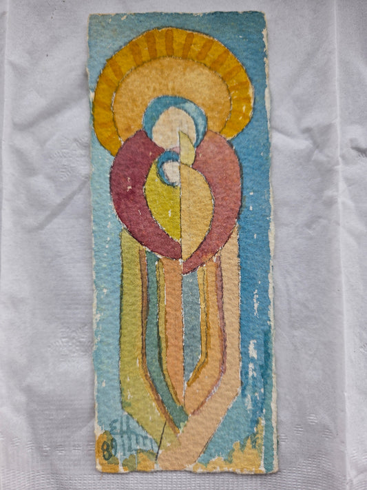 A small bookmark with abstract watercolor of Mary with her son Jesus in bright colors.