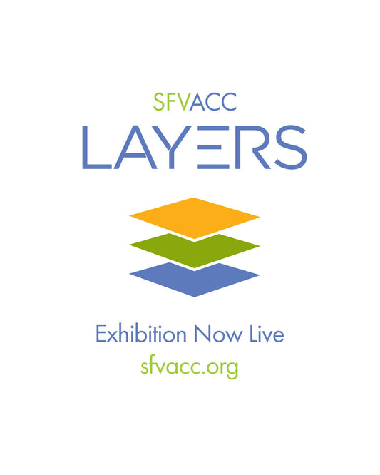SFACC graphic for their Layers Virtual Exhibition; the text is in alternating blue and green blocks and the main icon is three parallelograms in yellow, green, and blue stacking on top of each other.