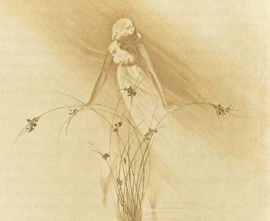 Sepia tone watercolor of a woman picking through some weedy flowers. From Raffaele Mainella’s Illustrations for Nos Invisibles in the Public Domain Archive
