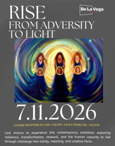 Gray poster with "Entre Nostros" by Suzanne Rios to advertise the DeLaVega Gallery Closing Reception