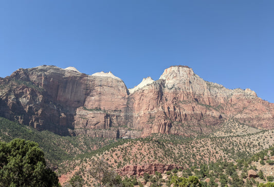 Wide shot of the mountains of Zion valley taken from the Zion-Mount Carmel Highway.