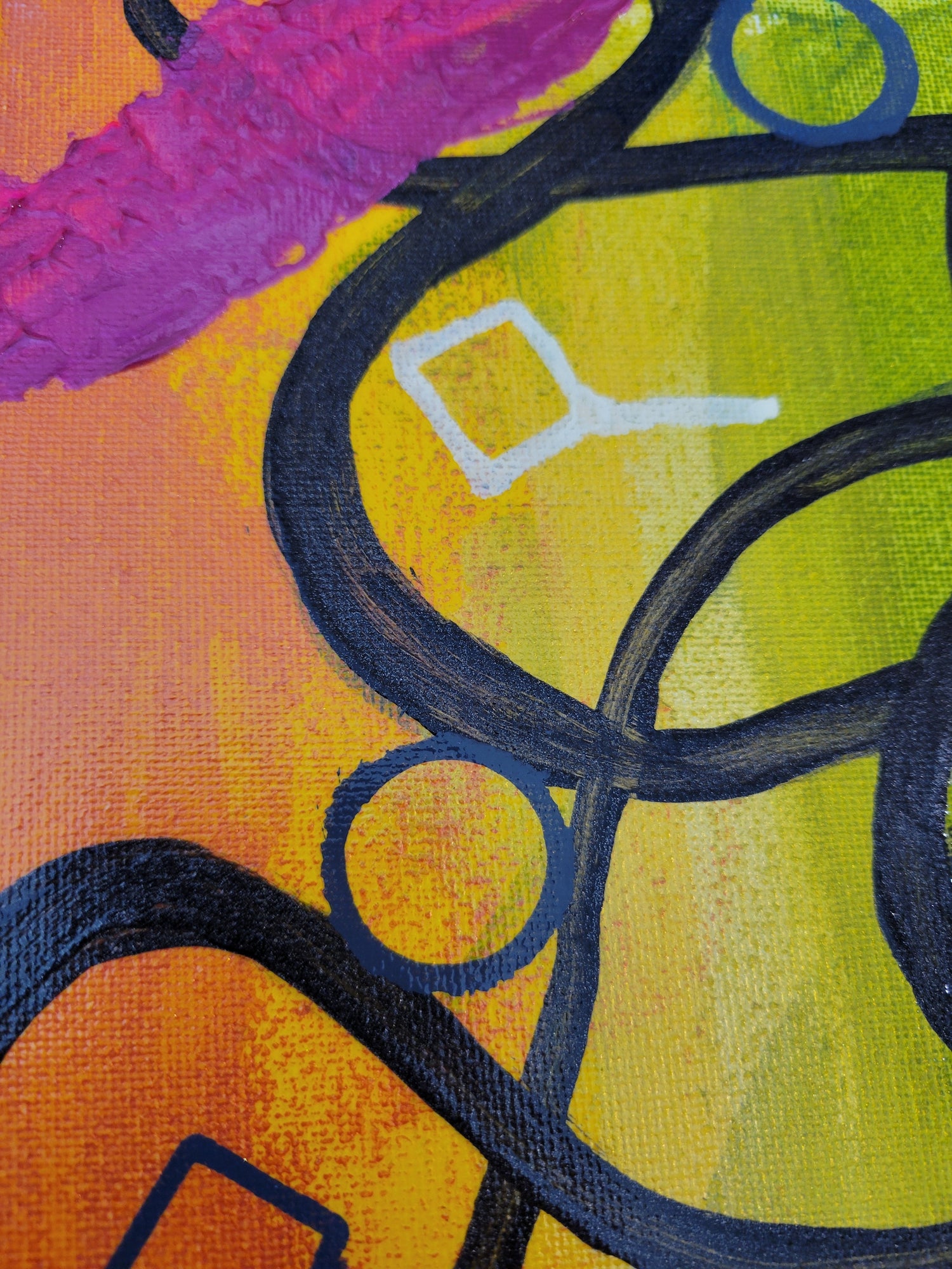 Black swooping, curving, intersecting lines against an orange, yellow, and green gradient background. Sqaures and circles are drawn in the shapes the lines create. Textured pink gel swipes across a corner.