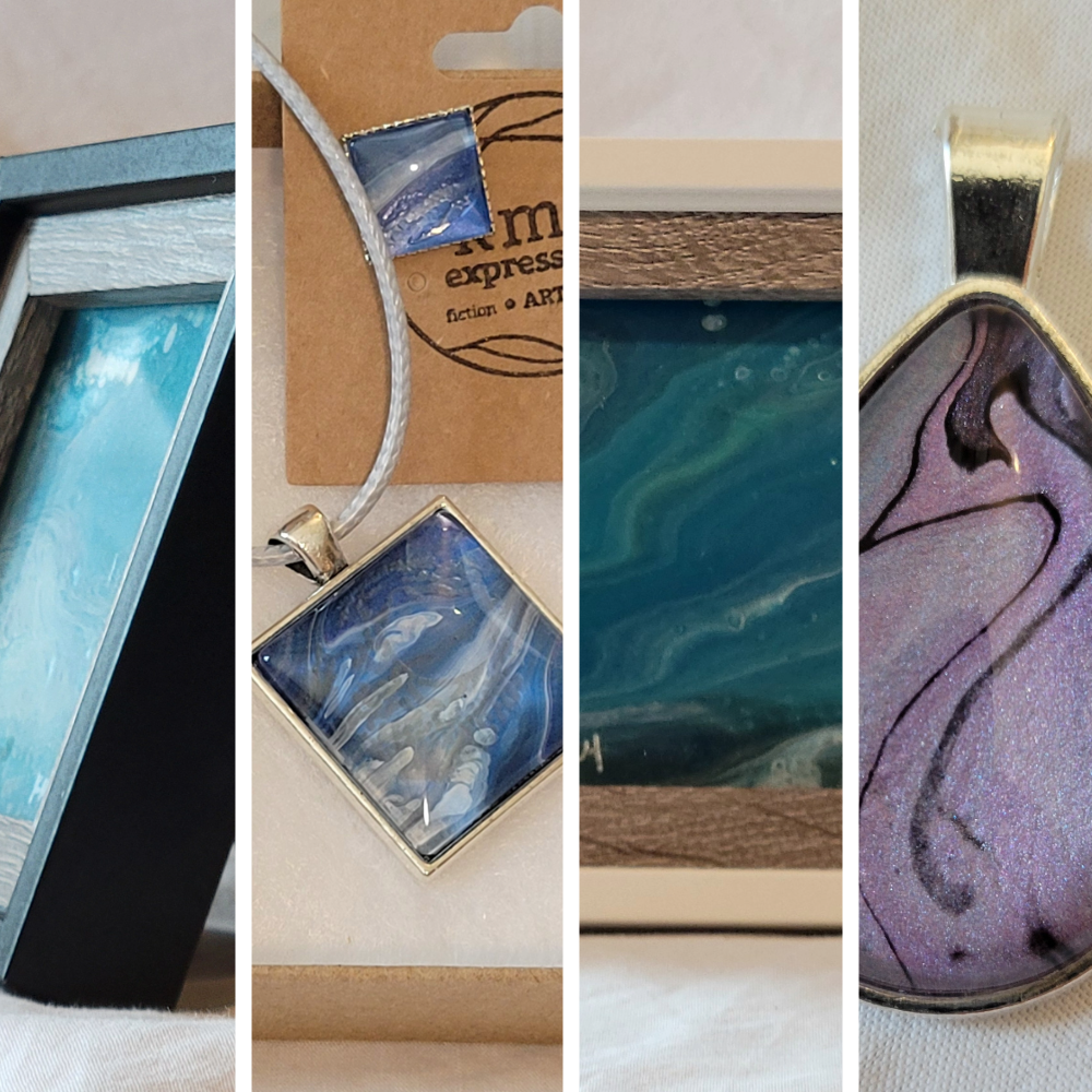 Collage of a framed turquoise scene, a blue square pendant and earring, a framed lagoon acrylic scene, and a silver oval pendant of a purple swan.