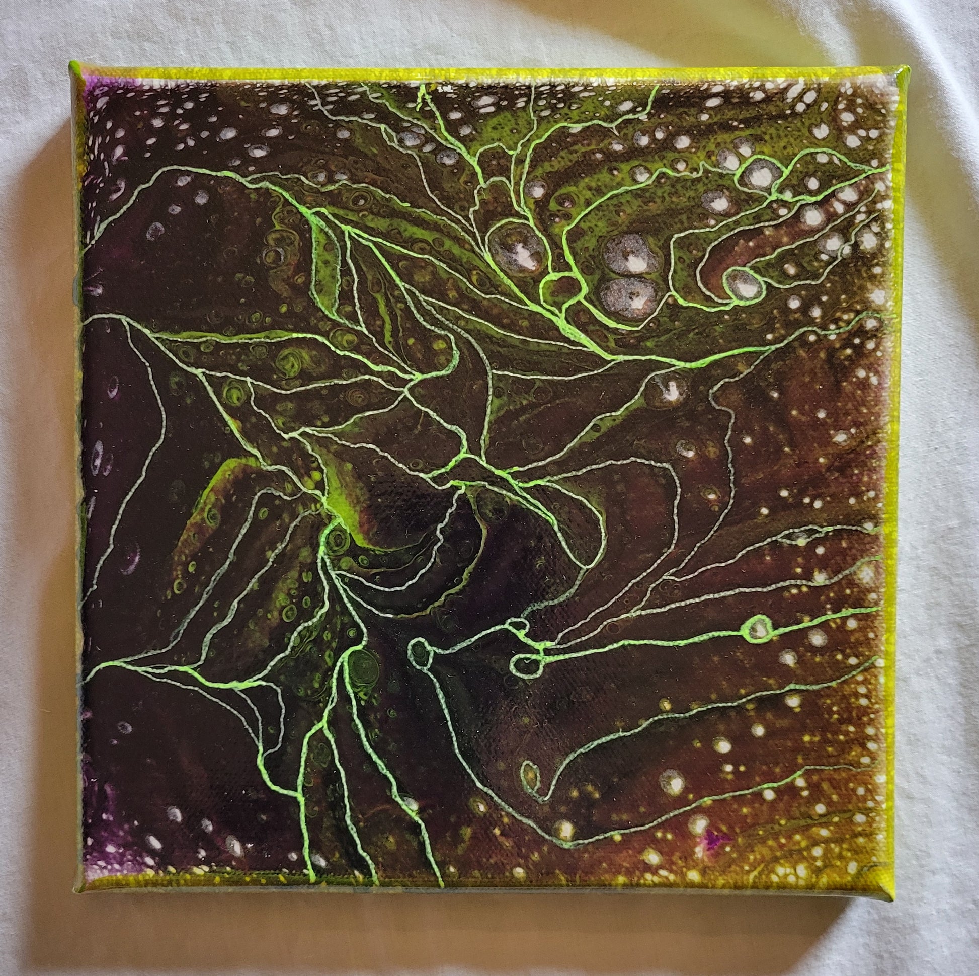 An 8x8 canvas has a vibrant olive green background with a deep purple color floating and encroaching on the green. there are bubbles of white peeking through here and there. Where the green and purple show some banding, a vibrant green outline has been drawn, highlighting chaotic swirls and flows and loops.