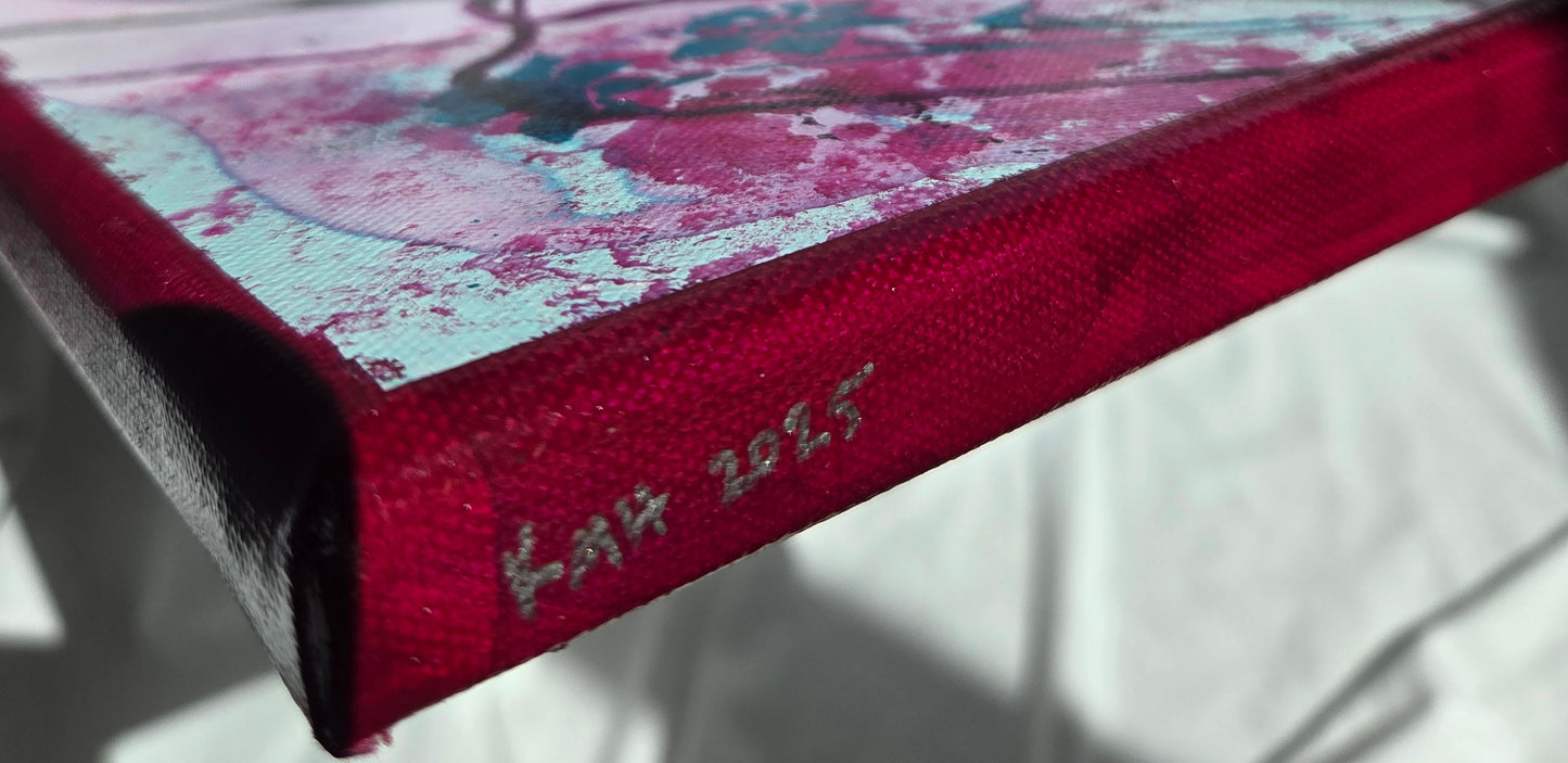 Close-up detail of the artist's initials and date of completion (KMH 2025) in silver on the magenta-painted edge of the canvas.
