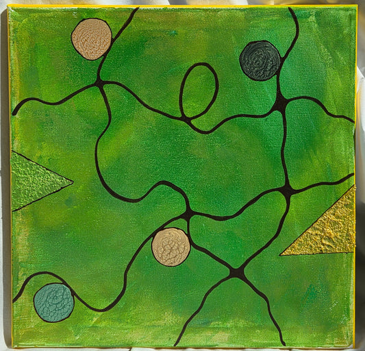 Variegated green covers the canvas. Dollops of gold and green alkyd oil can be seen budding from brown vine-like lines. Glass bead triangles encroach from the edge, adding to a dappled sunlight affect.