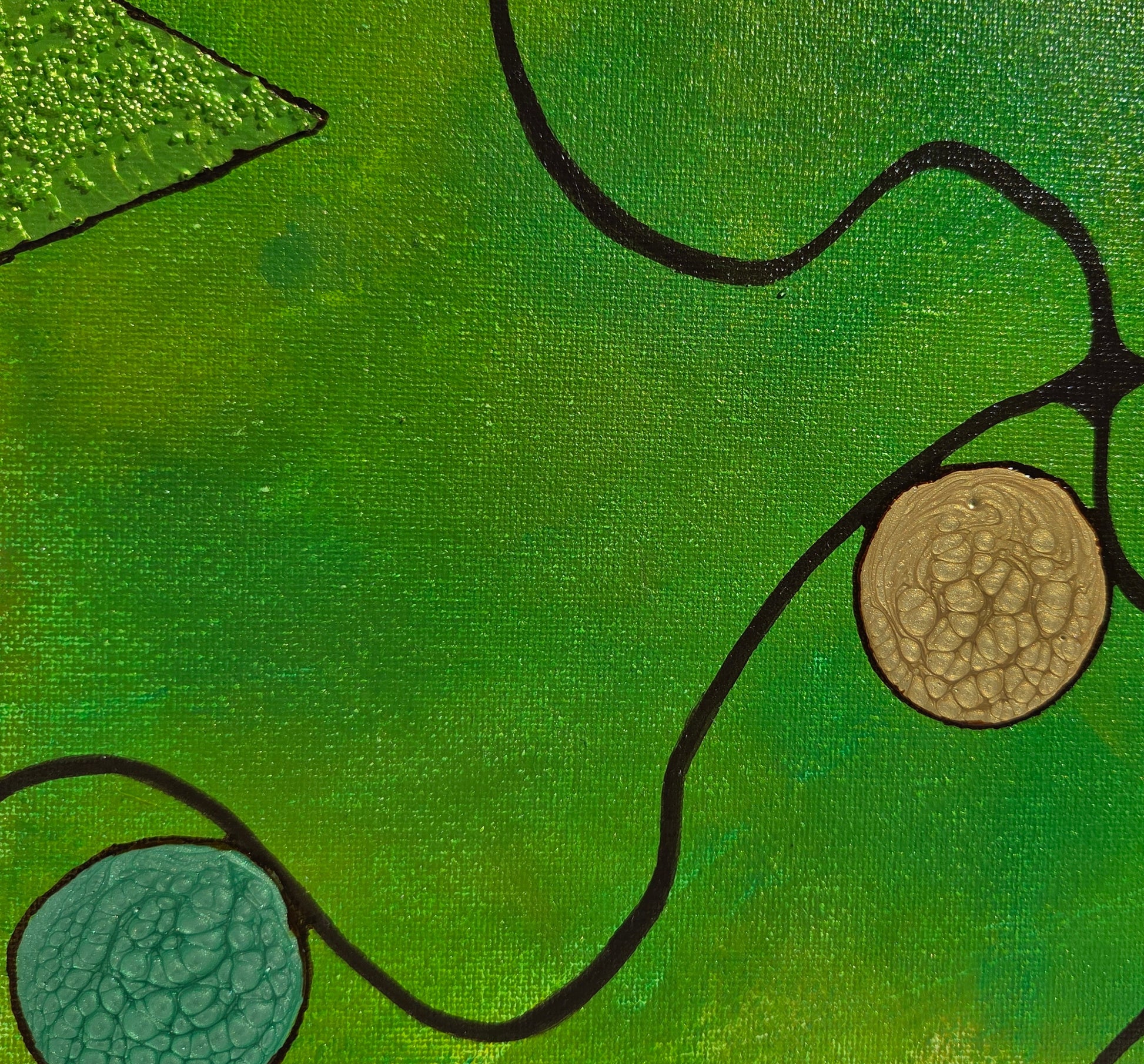 Close-up detail of the variegated green background with the brown vine-like lines weaving around, capturing green and gold alkyd oil buds. The edge of a green glass bead triangle can be seen.