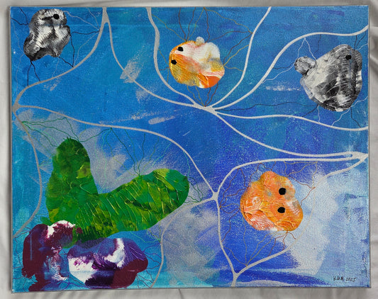 A background of blues and turquoise with a top layer of silvery froth create the impression of a tropical pool as zebra fish and gold fish and green seaweed and purple sea urchins appear as blobs under the surface.