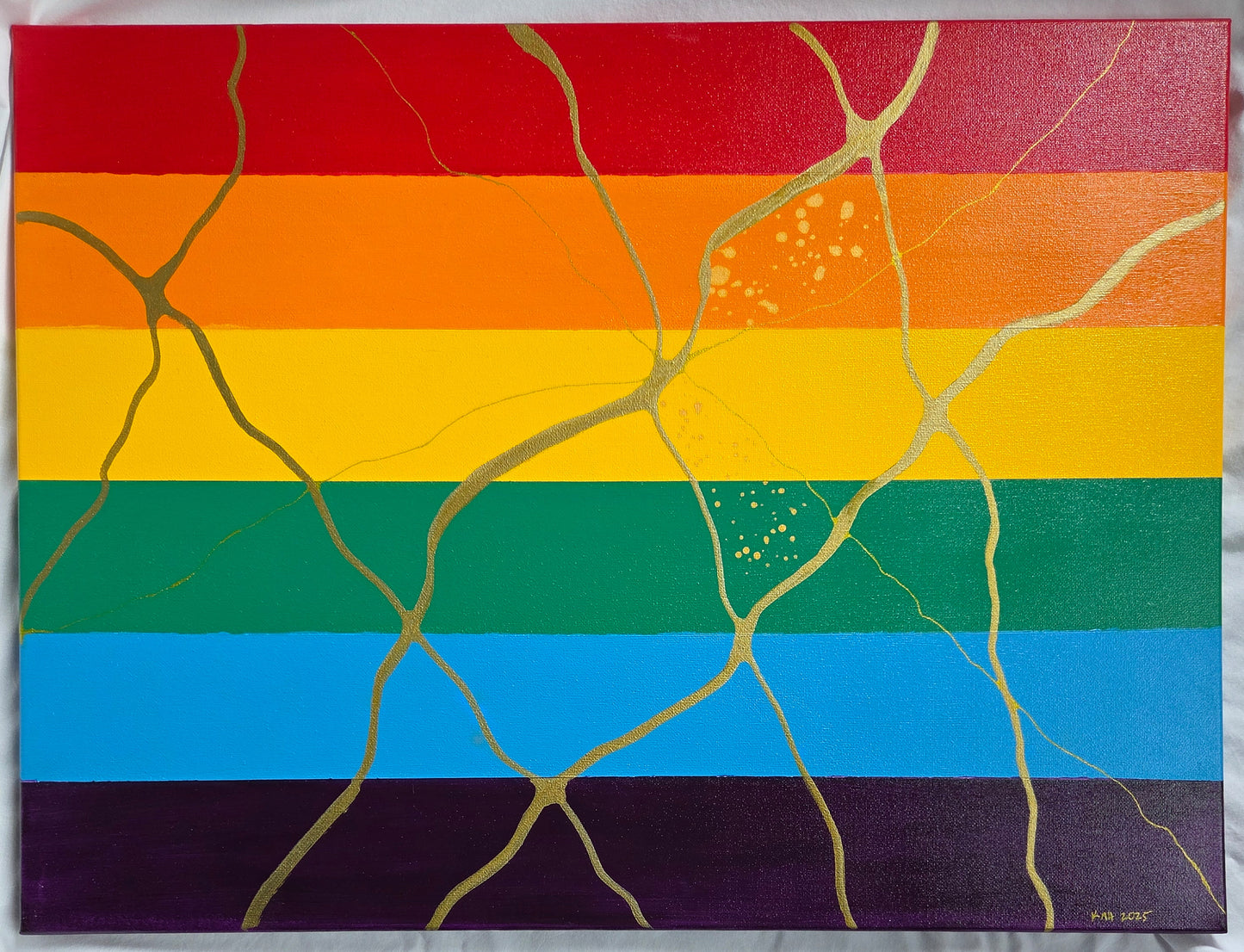 Pride flag colors across the canvas; neurographic line art in thick and thin gold with gold speckles in an anatomical heart shape, resembling kintsugi.
