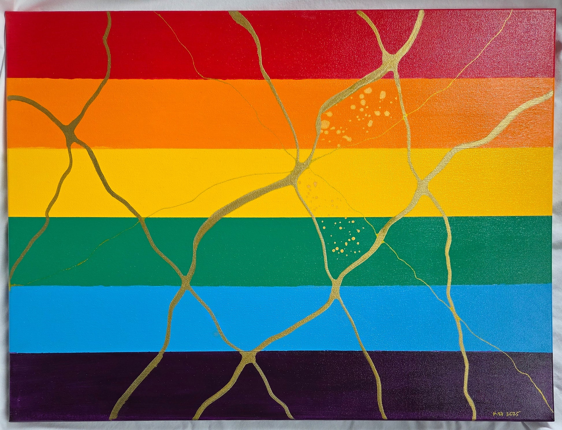 Pride flag colors across the canvas; neurographic line art in thick and thin gold with gold speckles in an anatomical heart shape, resembling kintsugi.