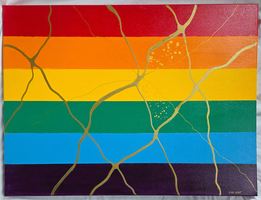 Pride flag colors across the canvas; neurographic line art in thick and thin gold with gold speckles in an anatomical heart shape, resembling kintsugi.