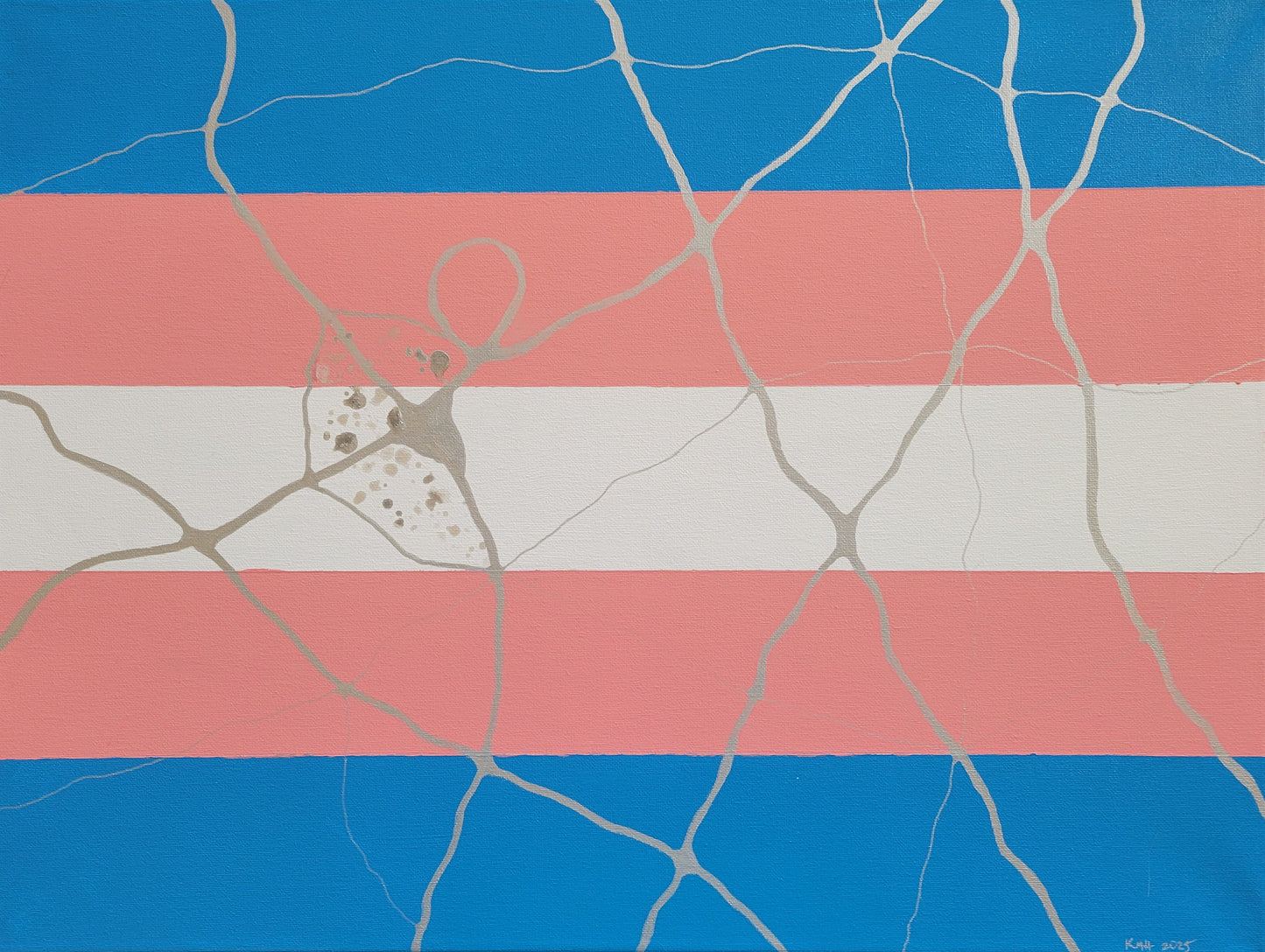Trans pride flag colors of blue, pink, white, pink, and blue overlaid with thick and thin silver lines in a kintsugi pattern with an anatomical heart-like shape speckled with silver ink.
