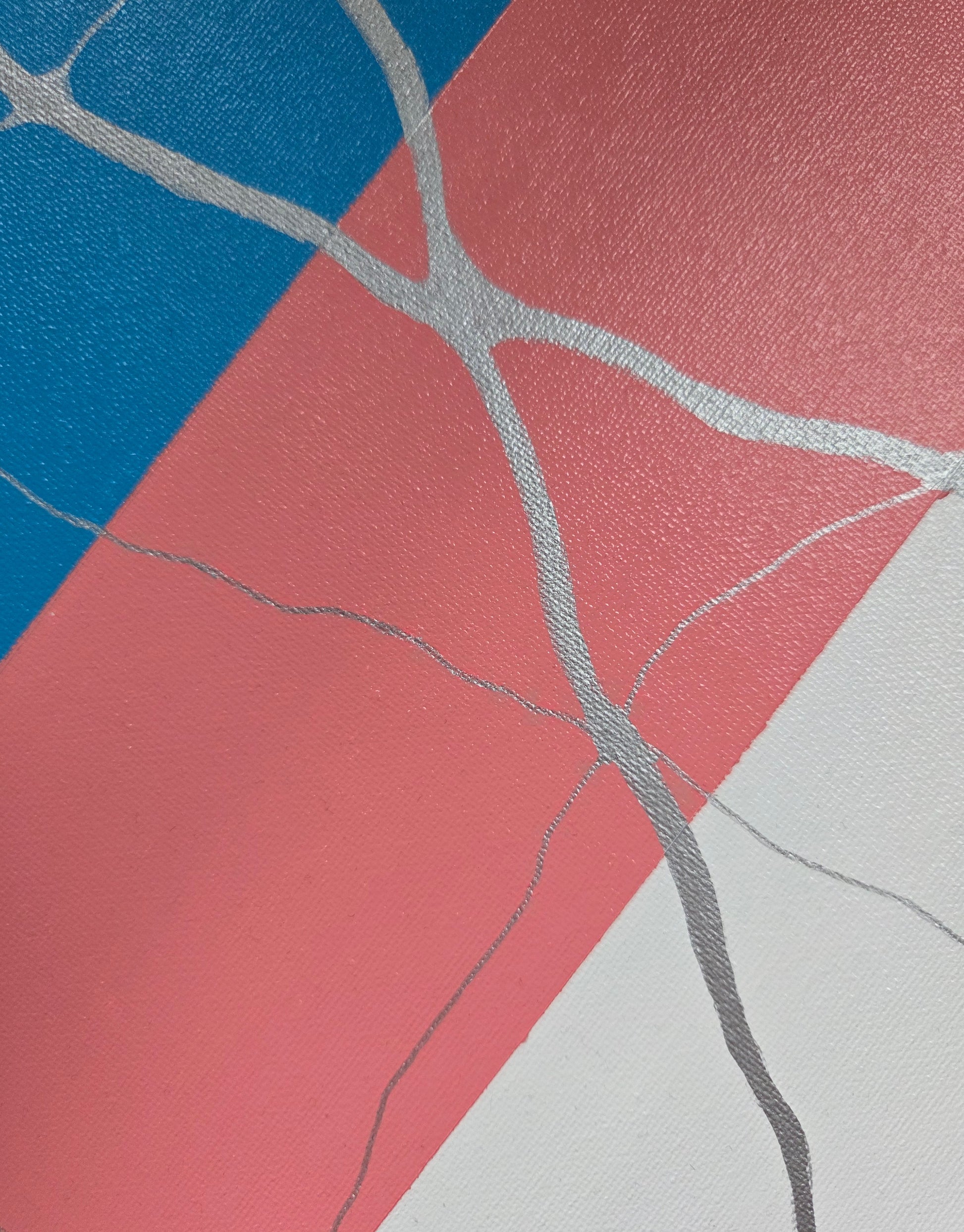 Close up detail of the blue-pink-white strips of the trans pride flag that show the intersections of thin and thick silver lines.