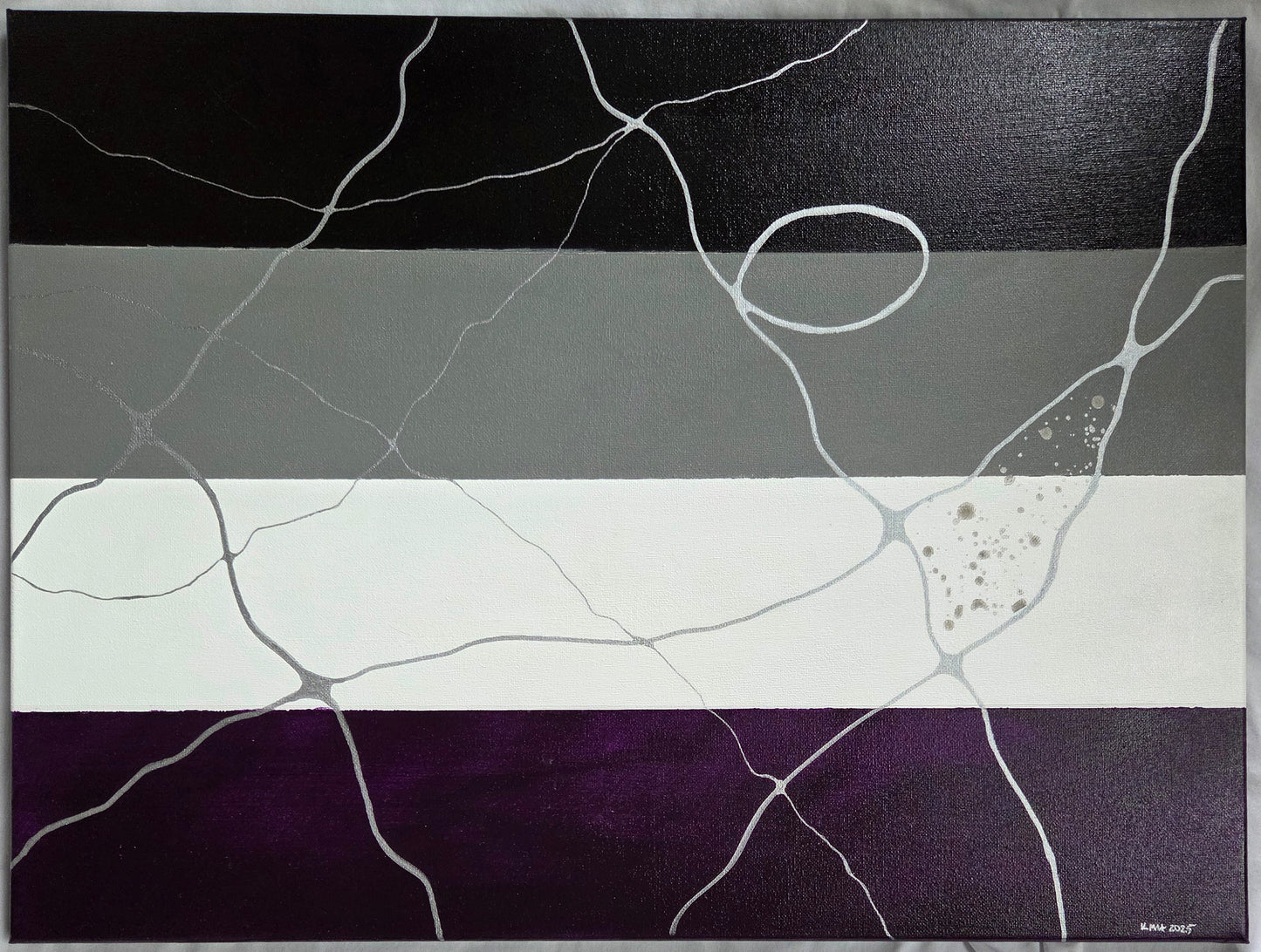 The asexual pride flag in black, gray, white, and purple overlaid with thin and thick silver neurographic lines and a triangular space filled with speckles of silver ink, resembling a kintsugi piece.
