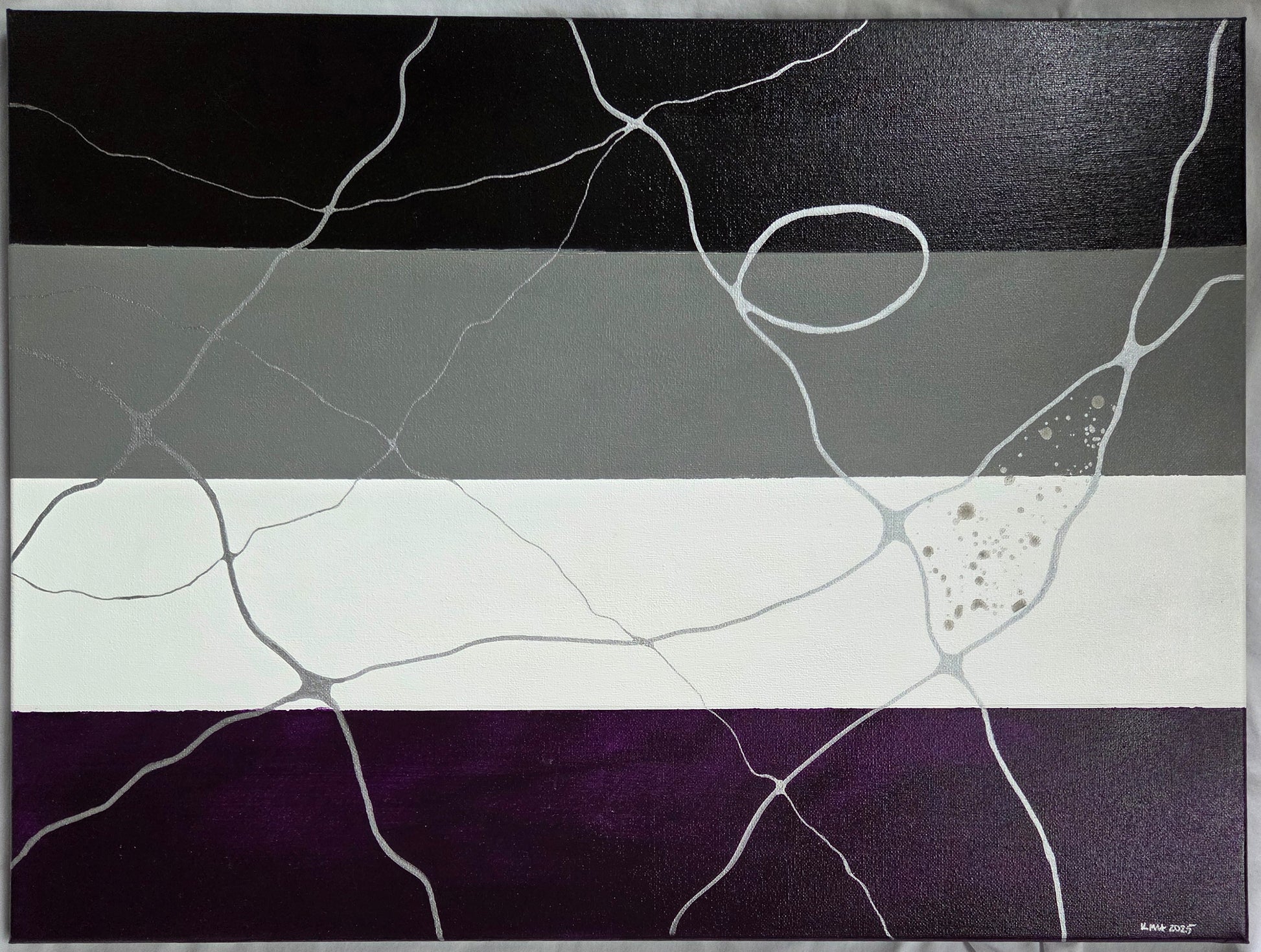 The asexual pride flag in black, gray, white, and purple overlaid with thin and thick silver neurographic lines and a triangular space filled with speckles of silver ink, resembling a kintsugi piece.