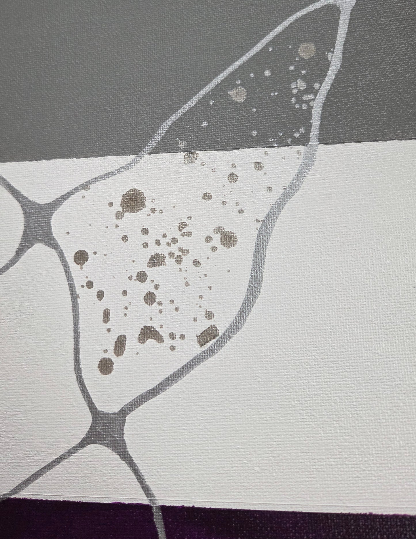 Close up detail of the gray, white, and purple bands of the asexual pride flag showing the oblong space enclosed by silver lines and speckled with silver ink.