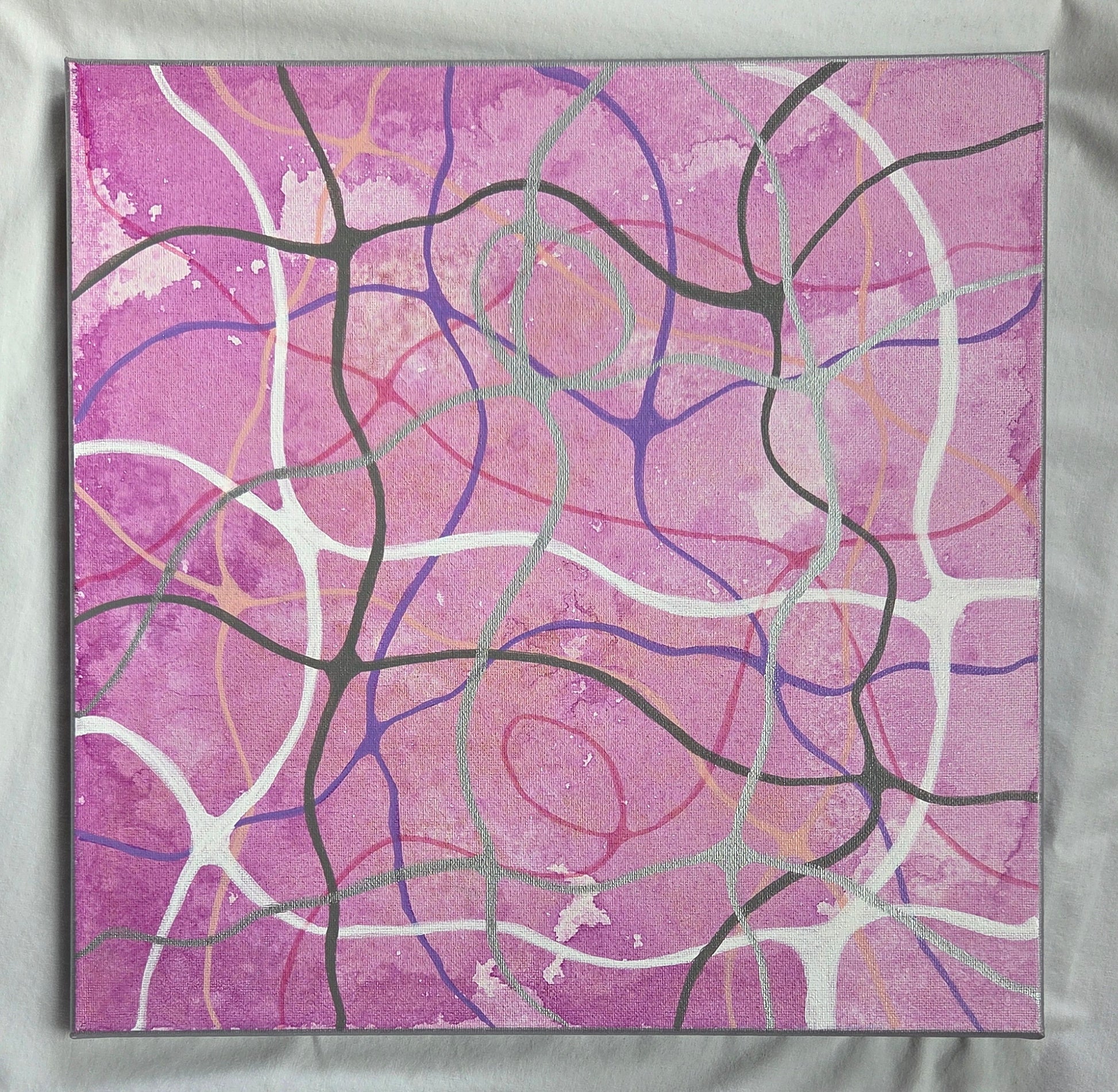 Variegated fuchsia background of spilled ink overlaid with thin and thick silver, white, gray, pink, and purple lines that intersect and interweave in neurographic patterns.